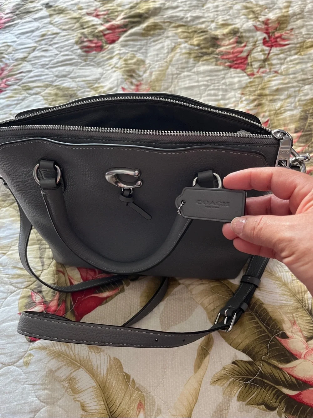 Coach Gray Pebbled Leather Satchel with Silver Hardware